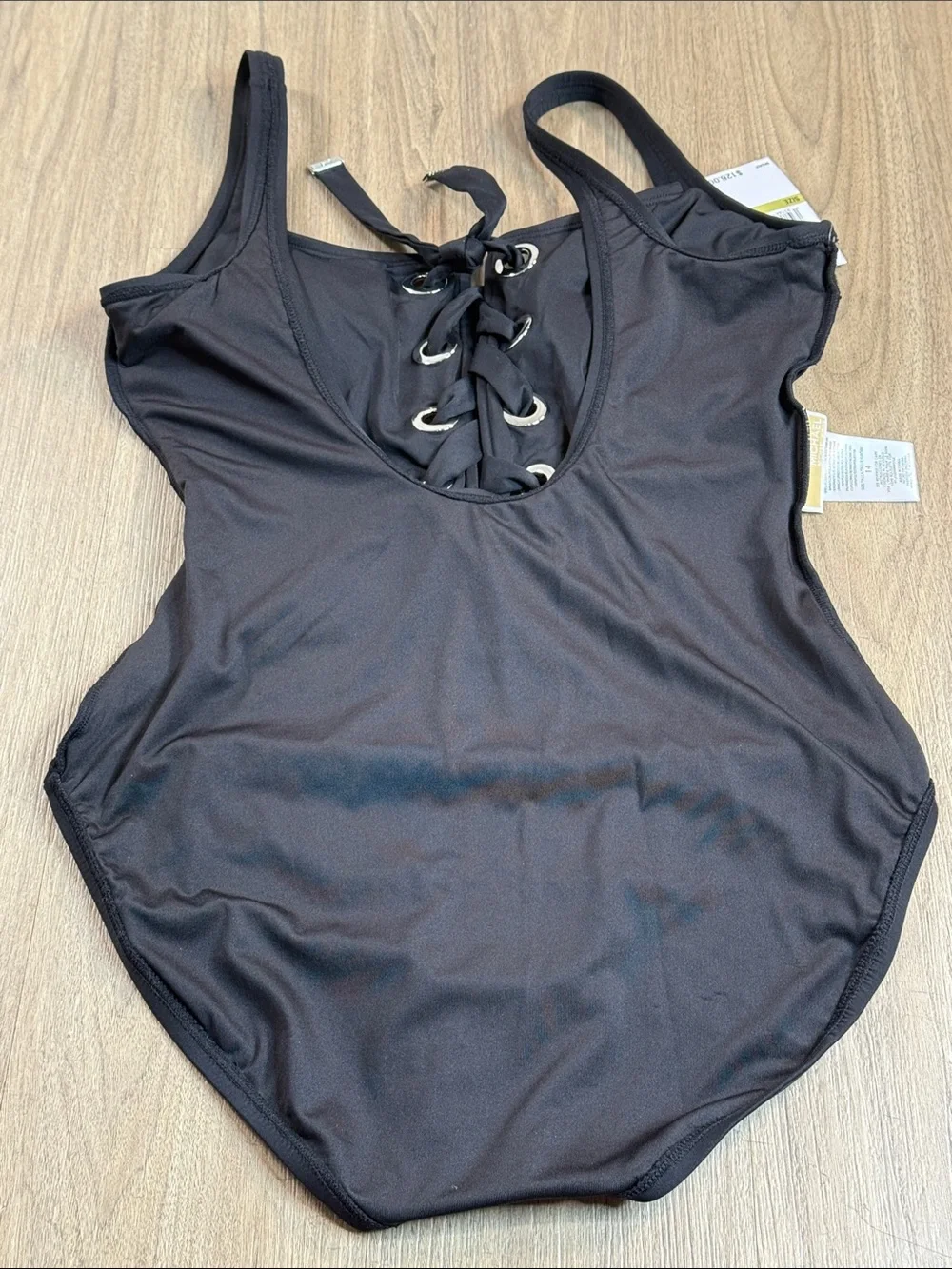Michael Kors Black Lace-Up One-Piece Swimsuit - Silver Accents, Size 14